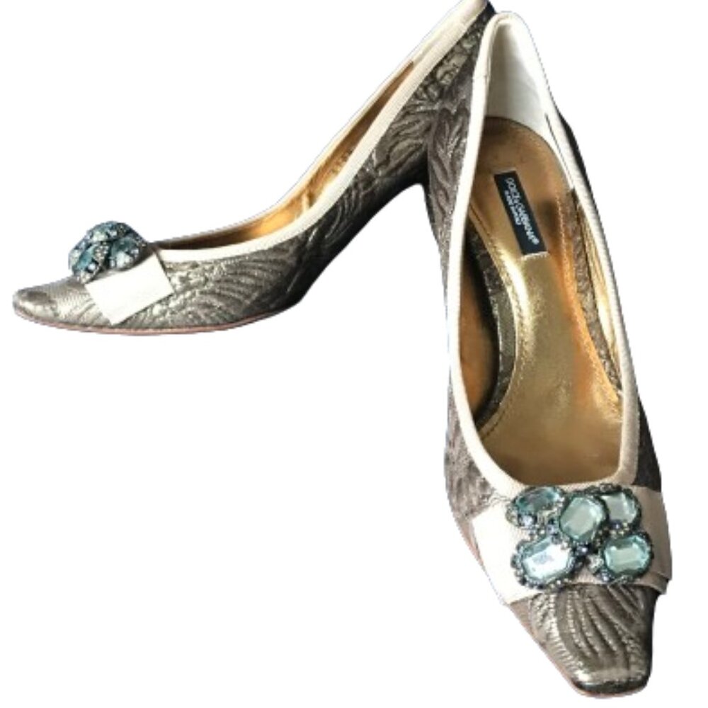 Dolce & Gabanna Pumps Bronze Gold & Metallic w/ Grosgrain & Stones, Size 37 1/2